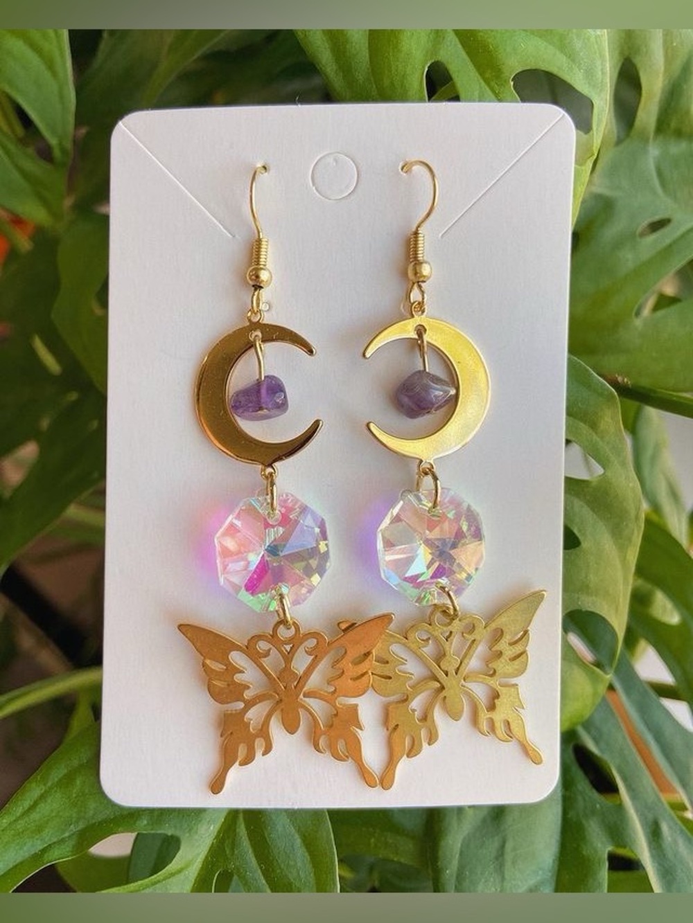 Vintage Bohemian Butterfly Half Moon Crystal Gold Drop Earrings